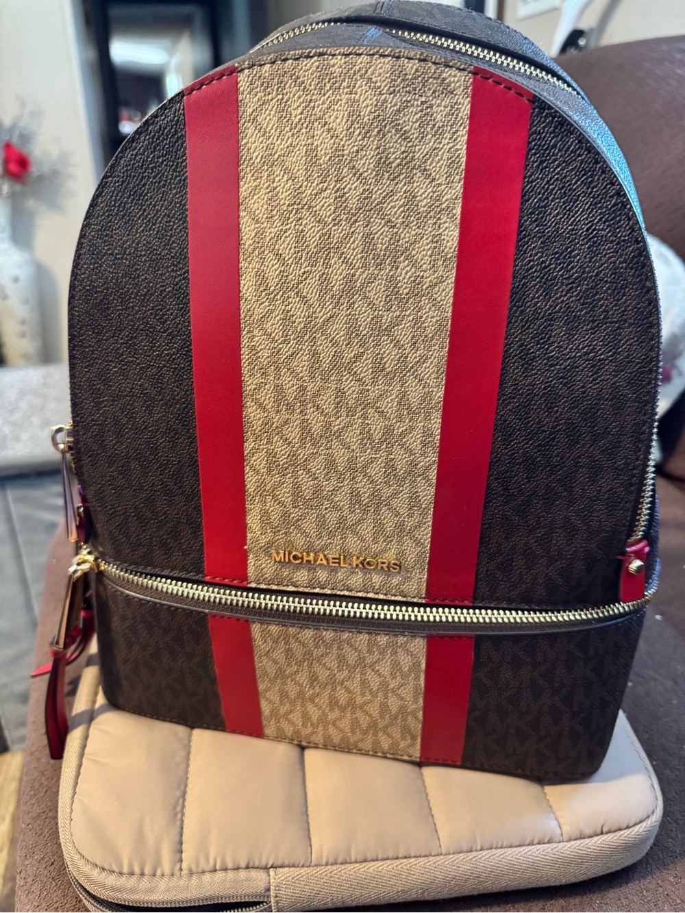 Michael Kors Brown and Red Signature Stripe Backpack